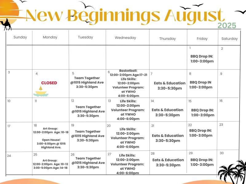 August Calendar with events and activities for each day.