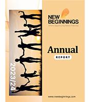 Image of Annual Report. People holding hands on orange cover with New Beginnings Logo and Annual Report in black type.